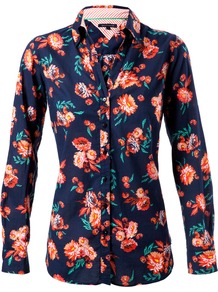 Floral Printed Long Sleeve Shirt, Dark Blue - neckline: shirt collar/peter pan/zip with opening; style: shirt; predominant colour: navy; secondary colour: coral; occasions: casual, work, holiday; length: standard; fibres: cotton - 100%; fit: tailored/fitted; sleeve length: long sleeve; sleeve style: standard; texture group: cotton feel fabrics; pattern type: fabric; pattern size: big & busy; pattern: florals