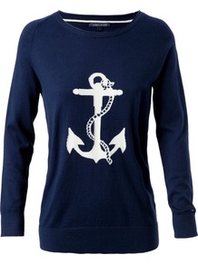 Rudy Intarsia Crew Neck Sweater, Navy - neckline: slash/boat neckline; length: below the bottom; style: standard; secondary colour: white; predominant colour: navy; occasions: casual; fibres: cotton - mix; fit: standard fit; sleeve length: long sleeve; sleeve style: standard; texture group: knits/crochet; pattern type: knitted - fine stitch; pattern size: standard; pattern: patterned/print
