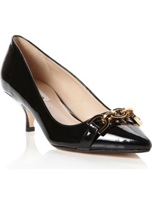 Author Kitten Heel Court Shoes, Black - predominant colour: black; occasions: evening, work, occasion; material: leather; heel height: mid; heel: kitten; toe: pointed toe; style: courts; finish: patent; pattern: plain; embellishment: chain/metal