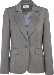 Grey Sharkskin Effect Jacket - pattern: plain; style: single breasted blazer; length: below the bottom; hip detail: front pockets at hip; collar: standard lapel/rever collar; predominant colour: mid grey; occasions: evening, work; fit: tailored/fitted; fibres: wool - stretch; waist detail: fitted waist; sleeve length: long sleeve; sleeve style: standard; collar break: medium; pattern type: fabric; texture group: woven light midweight