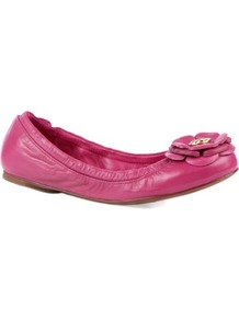 Reva Leather Pumps - predominant colour: hot pink; occasions: casual, evening, work, holiday; material: leather; heel height: flat; toe: round toe; style: ballerinas / pumps; finish: plain; pattern: plain; embellishment: corsage