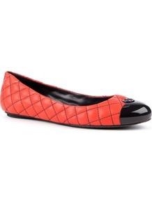Katlin Quilted Leather Pumps - predominant colour: bright orange; secondary colour: black; occasions: casual, evening, work; material: leather; heel height: flat; embellishment: quilted; toe: round toe; style: ballerinas / pumps; finish: plain; pattern: colourblock