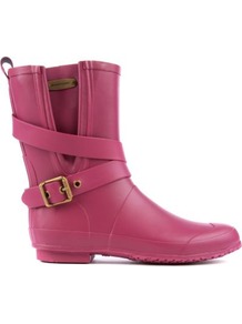Brainmid Wellies - predominant colour: hot pink; occasions: casual; material: plastic/rubber; heel height: flat; embellishment: buckles; heel: block; toe: round toe; boot length: mid calf; style: wellies; finish: plain; pattern: plain