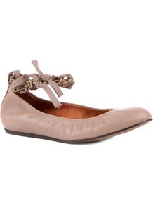 Nimoy Erl Leather Pumps - predominant colour: nude; occasions: casual, evening, work, holiday; material: leather; heel height: flat; ankle detail: ankle tie; toe: round toe; style: ballerinas / pumps; finish: plain; pattern: plain; embellishment: chain/metal