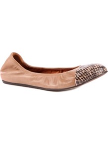 Peep Pit Leather And Snakeskin Pumps - predominant colour: nude; occasions: casual; material: leather; heel height: flat; toe: round toe; style: ballerinas / pumps; finish: plain; pattern: animal print; embellishment: toe cap