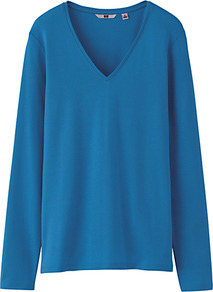 Women Premium Cotton V Neck Long Sleeve T Shirt 63 Blue - neckline: v-neck; pattern: plain; style: t-shirt; predominant colour: diva blue; occasions: casual; length: standard; fibres: cotton - stretch; fit: straight cut; sleeve length: long sleeve; sleeve style: standard; texture group: cotton feel fabrics; pattern type: fabric