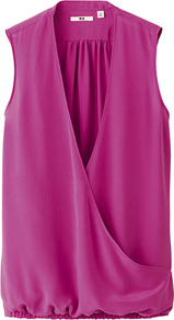 Women Silk Sleeveless Blouse 11 Pink - neckline: low v-neck; pattern: plain; sleeve style: sleeveless; waist detail: drop waist; back detail: cowl/draping/scoop at back; style: wrap/faux wrap; bust detail: ruching/gathering/draping/layers/pintuck pleats at bust; predominant colour: hot pink; occasions: casual, evening, work, holiday; length: standard; fibres: silk - 100%; fit: straight cut; hip detail: ruching/gathering at hip; sleeve length: sleeveless; texture group: silky - light; pattern type: fabric