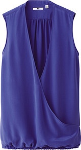 Women Silk Sleeveless Blouse 73 Purple - neckline: low v-neck; pattern: plain; sleeve style: sleeveless; waist detail: elasticated waist; back detail: cowl/draping/scoop at back; style: wrap/faux wrap; bust detail: ruching/gathering/draping/layers/pintuck pleats at bust; predominant colour: navy; occasions: casual, evening, work, holiday; length: standard; fibres: silk - 100%; fit: straight cut; hip detail: ruching/gathering at hip; sleeve length: sleeveless; texture group: cotton feel fabrics; pattern type: fabric