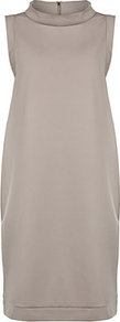 Learco Dress - style: shift; length: mid thigh; pattern: plain; sleeve style: sleeveless; neckline: high neck; predominant colour: taupe; occasions: evening, work; fit: straight cut; sleeve length: sleeveless; trends: glamorous day shifts; pattern type: fabric; texture group: other - light to midweight; fibres: nylon - stretch