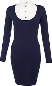 Dorado Dress - style: jumper dress; length: mid thigh; neckline: shirt collar/peter pan/zip with opening; fit: tight; pattern: plain; bust detail: ruching/gathering/draping/layers/pintuck pleats at bust; secondary colour: white; predominant colour: navy; occasions: evening; fibres: nylon - mix; sleeve length: long sleeve; sleeve style: standard; texture group: knits/crochet; pattern type: knitted - fine stitch