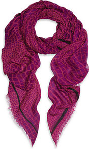 Croc Scarf - predominant colour: hot pink; secondary colour: purple; occasions: casual, evening, work, occasion; type of pattern: light; style: regular; size: large; material: fabric; embellishment: fringing; trends: statement prints; pattern: patterned/print