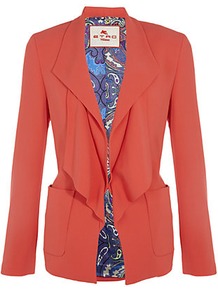Waterfall Collar Jacket - pattern: plain; style: single breasted blazer; hip detail: side pockets at hip; collar: shawl/waterfall; length: below the bottom; predominant colour: true red; occasions: casual, evening, work; fit: tailored/fitted; fibres: viscose/rayon - 100%; sleeve length: long sleeve; sleeve style: standard; texture group: crepes; collar break: low/open; pattern type: fabric