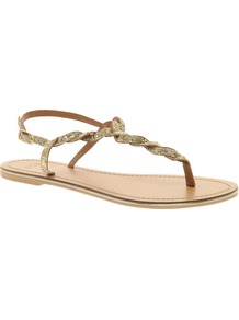 Flash Flat Sandals With Glitter Detail - predominant colour: gold; occasions: casual, holiday; material: faux leather; heel height: flat; embellishment: glitter; ankle detail: ankle strap; heel: standard; toe: toe thongs; style: flip flops / toe post; trends: metallics; finish: metallic; pattern: plain