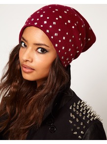 Mixed Stud Boyfriend Beanie - predominant colour: burgundy; occasions: casual; type of pattern: small; style: beanie; size: standard; material: knits; pattern: plain; embellishment: studs