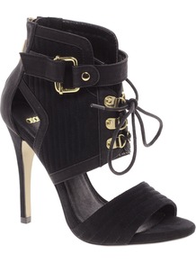 Top Secret Sandal Shoe Boots - predominant colour: black; occasions: casual, evening; material: suede; heel height: high; embellishment: buckles; heel: stiletto; toe: open toe/peeptoe; boot length: ankle boot; style: standard; finish: plain; pattern: plain