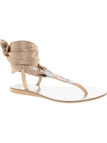 Foxy Flat Sandals With Ribbon Tie - predominant colour: champagne; occasions: casual, evening, holiday; material: leather; heel height: flat; embellishment: sequins; ankle detail: ankle tie; heel: standard; toe: toe thongs; style: flip flops / toe post; finish: plain; pattern: plain