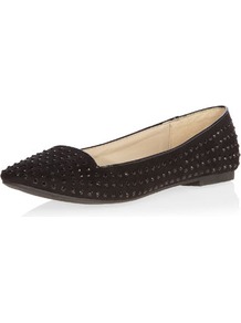 Black Studded Slipper - predominant colour: black; secondary colour: black; occasions: casual, evening, work, holiday; material: faux leather; heel height: flat; embellishment: studs; toe: pointed toe; style: ballerinas / pumps; finish: plain; pattern: plain
