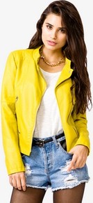 Faux Leather Bomber Jacket - pattern: plain; style: biker; collar: asymmetric biker; fit: slim fit; predominant colour: yellow; occasions: casual; length: standard; fibres: viscose/rayon - 100%; sleeve length: long sleeve; sleeve style: standard; texture group: leather; collar break: high/illusion of break when open; pattern type: fabric