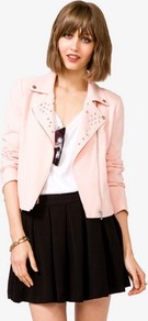 Pyramid Studded Moto Jacket - pattern: plain; style: biker; bust detail: added detail/embellishment at bust; collar: standard biker; fit: slim fit; predominant colour: blush; occasions: casual, evening, holiday; length: standard; fibres: polyester/polyamide - stretch; sleeve length: 3/4 length; sleeve style: standard; collar break: high/illusion of break when open; pattern type: fabric; texture group: other - light to midweight; embellishment: studs