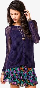 High Low Cable Sweater - neckline: round neck; length: below the bottom; style: standard; pattern: cable knit; predominant colour: navy; occasions: casual; fibres: cotton - mix; fit: loose; back detail: longer hem at back than at front; sleeve length: long sleeve; sleeve style: standard; texture group: knits/crochet; pattern type: knitted - other; pattern size: standard