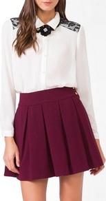 Lace Overlay Shirt - neckline: shirt collar/peter pan/zip with opening; pattern: plain; length: below the bottom; style: shirt; shoulder detail: contrast pattern/fabric at shoulder; back detail: contrast pattern/fabric at back; predominant colour: white; secondary colour: black; occasions: casual, evening, work; fibres: polyester/polyamide - 100%; fit: straight cut; sleeve length: long sleeve; sleeve style: standard; texture group: sheer fabrics/chiffon/organza etc.; pattern type: fabric; embellishment: lace