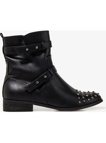 Spiked Toe Booties - secondary colour: silver; predominant colour: black; occasions: casual, work; material: faux leather; heel height: flat; embellishment: studs; heel: standard; toe: round toe; boot length: ankle boot; style: biker boot; finish: plain; pattern: plain