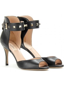 Rockstud Peep Toe Pumps - predominant colour: black; occasions: evening, occasion, holiday; material: leather; heel height: high; embellishment: studs; ankle detail: ankle strap; heel: stiletto; toe: toe thongs; style: standard; finish: plain; pattern: plain
