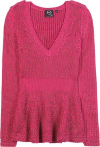 Peplum Pullover - neckline: v-neck; pattern: plain; style: standard; predominant colour: pink; occasions: casual, work; length: standard; fibres: cotton - mix; fit: slim fit; waist detail: fitted waist; sleeve length: long sleeve; sleeve style: standard; texture group: knits/crochet; pattern type: knitted - fine stitch