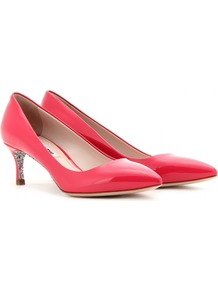 Glitter Sole Kitten Heel Pumps - predominant colour: coral; occasions: evening, work, occasion, holiday; material: leather; heel height: mid; embellishment: glitter; heel: kitten; toe: pointed toe; style: courts; trends: fluorescent; finish: patent; pattern: plain