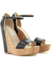 Cork Wedges - predominant colour: navy; secondary colour: gold; occasions: casual, evening, work, holiday; material: leather; ankle detail: ankle strap; heel: wedge; toe: open toe/peeptoe; style: standard; finish: patent; pattern: plain; heel height: very high