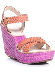 Origenes Sandals - predominant colour: magenta; secondary colour: coral; occasions: casual, evening, holiday; material: leather; heel height: high; ankle detail: ankle strap; heel: wedge; toe: open toe/peeptoe; style: standard; finish: plain; pattern: colourblock
