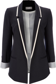 Blue Jersey Blazer - pattern: plain; style: single breasted blazer; length: below the bottom; collar: standard lapel/rever collar; predominant colour: navy; occasions: casual, work; fit: tailored/fitted; fibres: polyester/polyamide - mix; sleeve length: 3/4 length; sleeve style: standard; collar break: medium; pattern type: fabric; texture group: woven light midweight