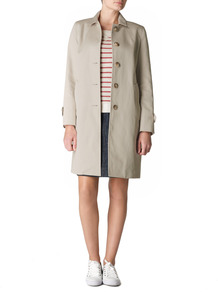 London Trench Coat - pattern: plain; style: trench coat; length: on the knee; fit: slim fit; predominant colour: stone; occasions: casual, work; fibres: cotton - 100%; collar: shirt collar/peter pan/zip with opening; sleeve length: long sleeve; sleeve style: standard; texture group: cotton feel fabrics; collar break: high/illusion of break when open; pattern type: fabric