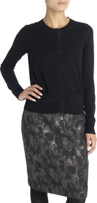 Grosgrain Button Cardigan - neckline: round neck; pattern: plain; bust detail: buttons at bust (in middle at breastbone)/zip detail at bust; predominant colour: black; occasions: casual; length: standard; style: standard; fibres: wool - mix; fit: standard fit; sleeve length: long sleeve; sleeve style: standard; texture group: knits/crochet; pattern type: knitted - other