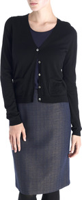 Merino V Neck Cardigan - neckline: low v-neck; pattern: plain; bust detail: buttons at bust (in middle at breastbone)/zip detail at bust; predominant colour: black; occasions: casual; length: standard; style: standard; fibres: wool - 100%; fit: standard fit; sleeve length: long sleeve; sleeve style: standard; texture group: knits/crochet; pattern type: knitted - other