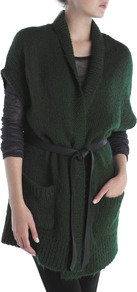 Chunky Belted Wrap Cardigan - sleeve style: dolman/batwing; pattern: plain; neckline: shawl; style: belted; predominant colour: dark green; occasions: casual; fibres: wool - mix; fit: loose; length: mid thigh; waist detail: belted waist/tie at waist/drawstring; sleeve length: short sleeve; texture group: knits/crochet; pattern type: knitted - other