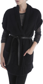Chunky Belted Wrap Cardigan - sleeve style: dolman/batwing; pattern: plain; neckline: shawl; style: belted; length: below the bottom; predominant colour: black; occasions: casual; fibres: wool - mix; fit: loose; waist detail: belted waist/tie at waist/drawstring; sleeve length: short sleeve; texture group: knits/crochet; pattern type: knitted - other