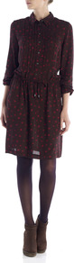 Daisy Dot Print Crepe Dress - style: shirt; length: mid thigh; neckline: shirt collar/peter pan/zip with opening; fit: fitted at waist; pattern: polka dot; bust detail: ruching/gathering/draping/layers/pintuck pleats at bust; secondary colour: hot pink; predominant colour: aubergine; occasions: casual, evening, work; fibres: viscose/rayon - 100%; sleeve length: 3/4 length; sleeve style: standard; texture group: sheer fabrics/chiffon/organza etc.; pattern type: fabric; pattern size: light/subtle