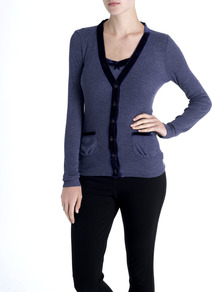 Thermal Victoria Cardigan - neckline: low v-neck; secondary colour: navy; predominant colour: denim; occasions: casual, work; length: standard; style: standard; fibres: polyester/polyamide - mix; fit: slim fit; sleeve length: long sleeve; sleeve style: standard; texture group: knits/crochet; pattern type: knitted - fine stitch; pattern size: light/subtle; pattern: colourblock