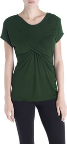 Twist Front Tee - pattern: plain; style: t-shirt; waist detail: twist front waist detail/nipped in at waist on one side/soft pleats/draping/ruching/gathering waist detail; bust detail: knot twist front detail at bust; predominant colour: dark green; occasions: casual, work, holiday; length: standard; neckline: scoop; fibres: viscose/rayon - 100%; fit: body skimming; hip detail: ruching/gathering at hip; sleeve length: short sleeve; sleeve style: standard; pattern type: fabric; texture group: jersey - stretchy/drapey