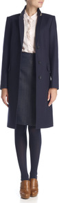 Melton Snow Coat - pattern: plain; style: single breasted; length: on the knee; collar: standard lapel/rever collar; predominant colour: navy; occasions: casual, work; fit: tailored/fitted; fibres: wool - mix; sleeve length: long sleeve; sleeve style: standard; collar break: medium; pattern type: fabric; texture group: other - light to midweight