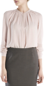 Soft Georgette Shirt - pattern: plain; style: blouse; bust detail: ruching/gathering/draping/layers/pintuck pleats at bust; predominant colour: blush; occasions: casual, evening, work; length: standard; fibres: viscose/rayon - 100%; fit: straight cut; neckline: crew; sleeve length: long sleeve; sleeve style: standard; texture group: crepes; pattern type: fabric