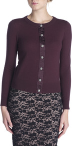Silk Placket Merino Cardigan - neckline: round neck; pattern: plain; predominant colour: aubergine; occasions: casual, work; length: standard; style: standard; fibres: wool - 100%; fit: slim fit; sleeve length: long sleeve; sleeve style: standard; texture group: knits/crochet; pattern type: knitted - fine stitch
