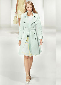 Cotton Trench Coat - pattern: plain; fit: loose; style: trench coat; length: on the knee; collar: standard lapel/rever collar; predominant colour: pistachio; occasions: casual, work; fibres: cotton - stretch; waist detail: belted waist/tie at waist/drawstring; sleeve length: long sleeve; sleeve style: standard; texture group: cotton feel fabrics; collar break: medium; pattern type: fabric