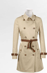 Cotton Trench Coat - pattern: plain; style: trench coat; length: mid thigh; predominant colour: stone; occasions: casual, work; fit: tailored/fitted; fibres: cotton - stretch; collar: shirt collar/peter pan/zip with opening; waist detail: belted waist/tie at waist/drawstring; sleeve length: long sleeve; sleeve style: standard; collar break: high; pattern type: fabric; texture group: other - light to midweight
