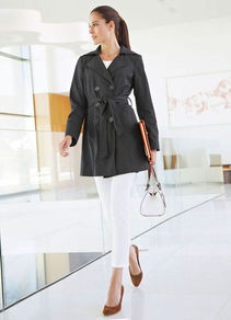 Trench Coat - pattern: plain; length: below the bottom; style: trench coat; collar: standard lapel/rever collar; predominant colour: black; occasions: casual, work; fit: tailored/fitted; fibres: polyester/polyamide - 100%; waist detail: belted waist/tie at waist/drawstring; sleeve length: long sleeve; sleeve style: standard; collar break: medium; pattern type: fabric; texture group: other - light to midweight