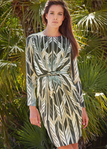 Silk Dress - style: shift; waist detail: fitted waist; predominant colour: dark green; secondary colour: pistachio; occasions: evening, work, occasion; length: just above the knee; fit: body skimming; fibres: polyester/polyamide - 100%; neckline: crew; sleeve length: long sleeve; sleeve style: standard; trends: statement prints, glamorous day shifts; pattern type: fabric; pattern size: big & busy; pattern: patterned/print; texture group: other - light to midweight