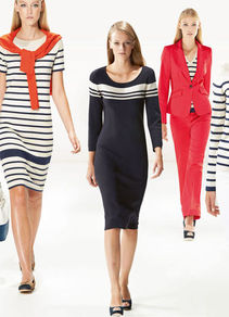 Knitted Dress - style: jumper dress; neckline: round neck; pattern: horizontal stripes; secondary colour: white; predominant colour: navy; occasions: casual; length: on the knee; fit: body skimming; fibres: viscose/rayon - stretch; sleeve length: long sleeve; sleeve style: standard; texture group: knits/crochet; pattern type: knitted - other; pattern size: standard