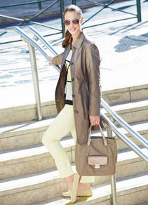 Coat - pattern: plain; style: trench coat; length: mid thigh; predominant colour: bronze; occasions: casual, evening, work, occasion; fit: tailored/fitted; fibres: polyester/polyamide - 100%; collar: shirt collar/peter pan/zip with opening; sleeve length: long sleeve; sleeve style: standard; texture group: technical outdoor fabrics; collar break: high; pattern type: fabric