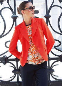 Blazer - pattern: plain; style: single breasted blazer; collar: wide lapels; hip detail: front pockets at hip; predominant colour: bright orange; occasions: casual, evening, work, holiday; length: standard; fit: tailored/fitted; fibres: polyester/polyamide - stretch; sleeve length: long sleeve; sleeve style: standard; trends: fluorescent; collar break: medium; pattern type: fabric; texture group: woven light midweight